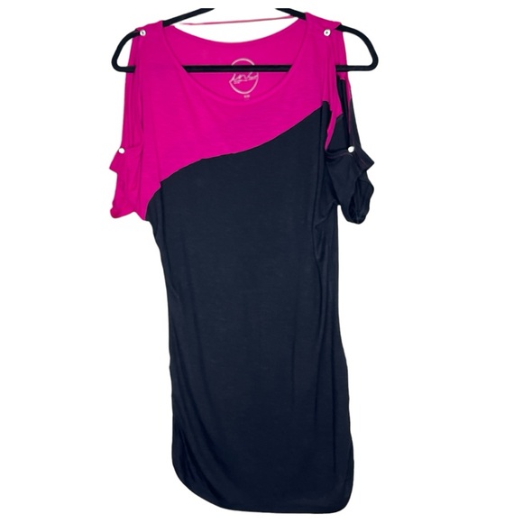 Y2K INC Rhinestone Cold Shoulder Ruched Side Colorblock Mini Dress Pink Black MP - Picture 3 of 15